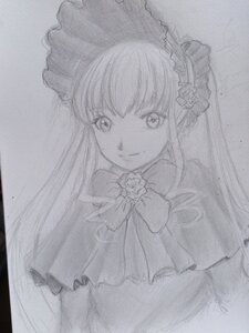 Rating: Safe Score: 0 Tags: 1girl bonnet bow bowtie dress flower frills graphite_(medium) greyscale image long_hair looking_at_viewer monochrome rose shinku sketch smile solo traditional_media upper_body User: admin