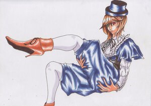 Rating: Safe Score: 0 Tags: 1girl bangs blue_dress brown_hair capelet dress frills hat heterochromia high_heels image long_sleeves looking_at_viewer pantyhose red_eyes shoes short_hair sitting solo souseiseki top_hat white_legwear User: admin