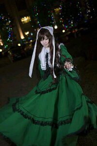 Rating: Safe Score: 0 Tags: 1girl brown_hair closed_eyes dress green_dress long_hair long_sleeves night solo standing suiseiseki User: admin