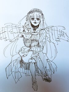 Rating: Safe Score: 0 Tags: 1girl bangs bare_shoulders blue_theme dress eyebrows_visible_through_hair frills full_body image juliet_sleeves long_hair long_sleeves looking_at_viewer monochrome sketch smile solo suigintou very_long_hair wings User: admin