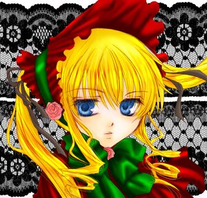 Rating: Safe Score: 0 Tags: 1girl blonde_hair blue_eyes bonnet bow bowtie flower green_bow green_neckwear image long_hair long_sleeves looking_at_viewer pink_flower pink_rose portrait rose shinku sidelocks solo twintails User: admin