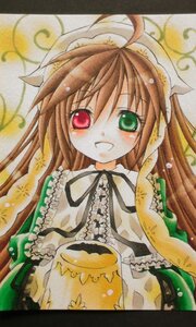 Rating: Safe Score: 0 Tags: 1girl :d blush brown_hair dress frills green_eyes hat heterochromia image long_hair long_sleeves looking_at_viewer marker_(medium) open_mouth red_eyes smile solo suiseiseki traditional_media very_long_hair User: admin