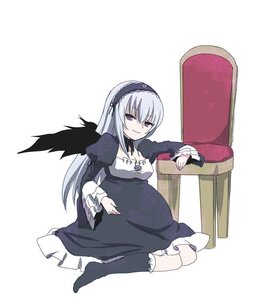 Rating: Safe Score: 0 Tags: 1girl black_dress black_wings dress frills full_body hairband image juliet_sleeves kneehighs lolita_hairband long_hair long_sleeves looking_at_viewer puffy_sleeves silver_hair simple_background sitting smile solo striped suigintou white_background wings User: admin
