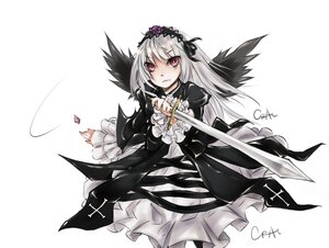 Rating: Safe Score: 0 Tags: 1girl black_dress black_wings dress feathers flower frilled_sleeves frills hairband image lolita_hairband long_hair long_sleeves looking_at_viewer pink_eyes ribbon rose signature silver_hair solo suigintou weapon white_background wings User: admin