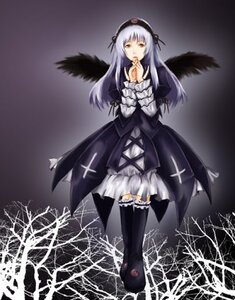 Rating: Safe Score: 0 Tags: 1girl black_wings boots cross dress flower frills full_body hairband image long_hair long_sleeves rose silver_hair solo standing suigintou wings User: admin