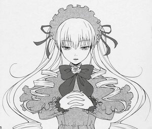 Rating: Safe Score: 0 Tags: 1girl bow bowtie cup dress drill_hair flower greyscale hands_clasped hands_together image long_hair long_sleeves looking_at_viewer monochrome own_hands_together shinku simple_background solo traditional_media upper_body User: admin