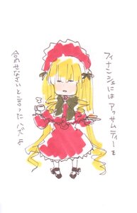 Rating: Safe Score: 0 Tags: 1girl blonde_hair blush bonnet bow chibi closed_eyes cup dress image long_hair long_sleeves shinku simple_background solo teacup very_long_hair white_background User: admin