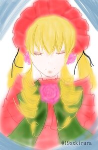 Rating: Safe Score: 0 Tags: 1girl bangs blonde_hair bonnet bow closed_eyes drill_hair flower image long_hair pink_flower rose shinku solo upper_body User: admin