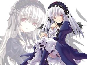Rating: Safe Score: 0 Tags: 1girl blush dress frills hairband image long_hair long_sleeves looking_at_viewer pink_eyes silver_hair sitting smile solo suigintou white_background wings User: admin