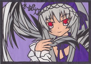 Rating: Safe Score: 0 Tags: 1girl black_wings dress flower image long_hair long_sleeves looking_at_viewer ribbon rose simple_background smile solo suigintou white_background wings User: admin