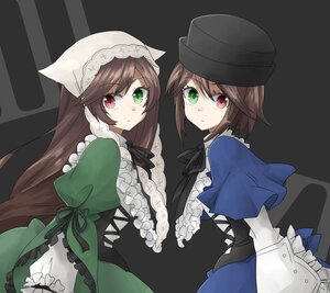 Rating: Safe Score: 0 Tags: 2girls blue_dress brown_hair dress frills green_dress green_eyes hat head_scarf heterochromia image long_hair long_sleeves looking_at_viewer multiple_girls pair red_eyes ribbon short_hair siblings sisters souseiseki suiseiseki top_hat twins very_long_hair User: admin