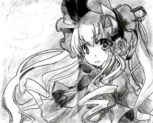 Rating: Safe Score: 0 Tags: 1girl blush bow flower greyscale image long_hair looking_at_viewer monochrome rose shinku solo traditional_media upper_body User: admin