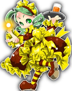 Rating: Safe Score: 0 Tags: 1girl alcohol beer cup dress frills full_body green_eyes green_hair image kanaria long_sleeves pantyhose personification shoes smile solo striped striped_legwear yellow_bow yellow_footwear User: admin