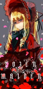 Rating: Safe Score: 0 Tags: 1girl blonde_hair blue_eyes bonnet capelet dress flower image long_hair petals red_dress rose_petals shinku solo User: admin