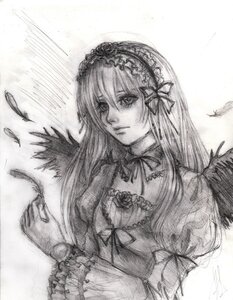 Rating: Safe Score: 0 Tags: 1girl auto_tagged feathers flower frills graphite_(medium) greyscale hairband image lolita_hairband long_hair long_sleeves monochrome ribbon rose solo suigintou traditional_media upper_body wings User: admin