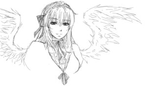 Rating: Safe Score: 0 Tags: 1girl angel_wings bangs closed_mouth dress feathered_wings feathers greyscale hairband image long_hair looking_at_viewer monochrome ribbon simple_background smile solo suigintou upper_body white_background white_wings wings User: admin