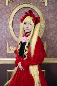 Rating: Safe Score: 0 Tags: 1girl blonde_hair blue_eyes dress flower lips long_hair looking_at_viewer red_dress rose shinku solo User: admin