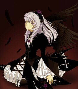 Rating: Safe Score: 0 Tags: 1girl black_feathers black_wings cross dress feathered_wings feathers flower frills hairband image long_hair long_sleeves ribbon rose silver_hair solo suigintou wings User: admin