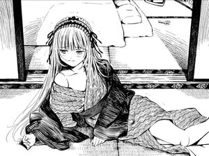 Rating: Safe Score: 0 Tags: 1girl bed blush breasts cleavage greyscale hairband image japanese_clothes kimono lolita_hairband long_hair long_sleeves looking_at_viewer lying monochrome pillow solo suigintou tatami traditional_media User: admin