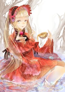 Rating: Safe Score: 0 Tags: 1girl blonde_hair blue_eyes bow cup dress flower frills image long_hair looking_at_viewer red_dress rose shinku sitting solo teacup User: admin