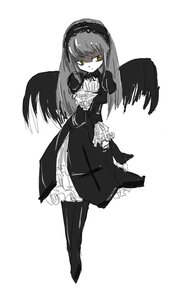 Rating: Safe Score: 0 Tags: 1girl black_wings boots dress frills full_body gothic_lolita hairband image knee_boots lolita_fashion long_hair long_sleeves looking_at_viewer monochrome solo standing suigintou white_background wings yellow_eyes User: admin