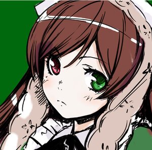 Rating: Safe Score: 0 Tags: 1girl blush brown_hair close-up closed_mouth commentary_request face green_background green_eyes ha-ru hat head_scarf heterochromia image lowres photoshop_(medium) portrait red_eyes rozen_maiden solo suiseiseki User: admin