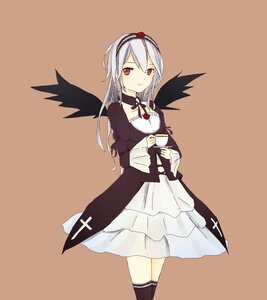 Rating: Safe Score: 0 Tags: 1girl black_legwear black_wings braid brown_background dress frills hairband image lolita_fashion long_hair long_sleeves looking_at_viewer red_eyes silver_hair simple_background solo standing suigintou wings User: admin