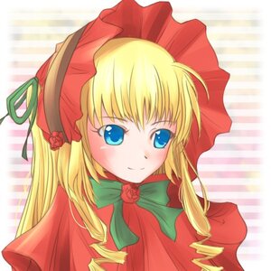 Rating: Safe Score: 0 Tags: 1girl blonde_hair blue_eyes blush bonnet bow bowtie capelet dress drill_hair flower green_bow green_neckwear image long_hair long_sleeves looking_at_viewer pink_rose red_capelet ribbon rose shinku sidelocks smile solo striped striped_background upper_body User: admin