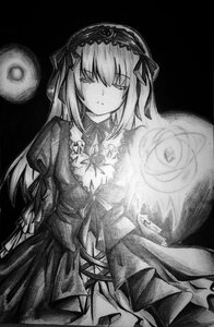 Rating: Safe Score: 0 Tags: 1girl closed_eyes closed_mouth dress eyebrows_visible_through_hair flower frills greyscale hairband image long_hair long_sleeves monochrome ribbon rose solo suigintou traditional_media very_long_hair User: admin