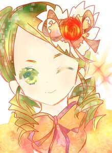 Rating: Safe Score: 0 Tags: 1girl ;) blush closed_mouth drill_hair flower green_eyes green_hair image kanaria looking_at_viewer one_eye_closed red_flower red_rose rose smile solo User: admin