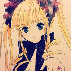 Rating: Safe Score: 0 Tags: 1girl bangs blonde_hair blue_eyes eyebrows_visible_through_hair flower image long_hair looking_at_viewer parted_lips ribbon rose shinku simple_background solo traditional_media twintails User: admin