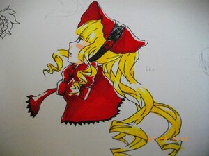 Rating: Safe Score: 0 Tags: 1girl bangs blonde_hair blue_eyes blush bonnet bow dress drill_hair frills from_side image long_hair long_sleeves marker_(medium) photo profile red_dress shinku signature solo traditional_media twintails upper_body User: admin