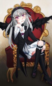 Rating: Safe Score: 0 Tags: 1girl chair dress frills hairband high_heels image long_hair long_sleeves looking_at_viewer pink_eyes purple_eyes silver_hair sitting solo suigintou wings User: admin