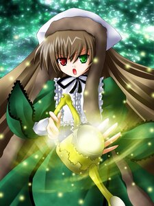 Rating: Safe Score: 0 Tags: 1girl :o bangs brown_hair dress frills green_dress green_eyes hat heterochromia holding image long_hair long_sleeves looking_at_viewer open_mouth outdoors red_eyes rozen_maiden shonyou solo standing suiseiseki very_long_hair watering_can User: admin