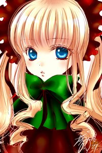 Rating: Safe Score: 0 Tags: 1girl bangs blonde_hair blue_eyes blush bow bowtie dress face green_bow green_neckwear image long_hair looking_at_viewer shinku sidelocks signature simple_background solo User: admin