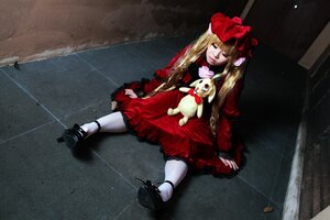 Rating: Safe Score: 0 Tags: 1girl blonde_hair bow dress hat long_hair pantyhose shinku sitting solo stuffed_animal User: admin