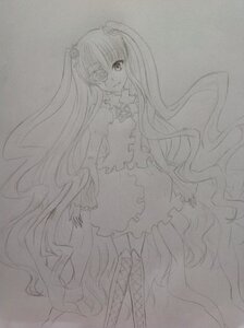 Rating: Safe Score: 0 Tags: 1girl dress flower frills greyscale hatsune_miku image kirakishou lineart long_hair looking_at_viewer monochrome rose smile solo traditional_media very_long_hair User: admin