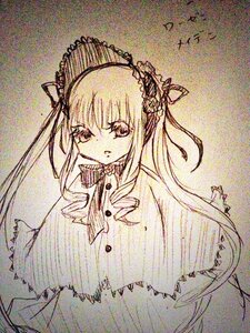 Rating: Safe Score: 0 Tags: 1girl dress frills hairband image long_hair long_sleeves looking_at_viewer monochrome ribbon shinku solo traditional_media upper_body very_long_hair User: admin