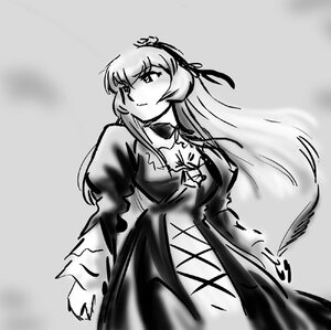 Rating: Safe Score: 0 Tags: 1girl breasts cross-laced_clothes dress greyscale hijiri_byakuren image juliet_sleeves long_hair long_sleeves monochrome solo suigintou User: admin