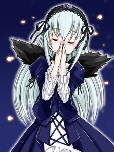 Rating: Safe Score: 0 Tags: 1girl blush closed_eyes dress frills hairband image juliet_sleeves long_hair long_sleeves own_hands_together ribbon rose silver_hair solo suigintou wings User: admin