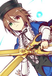 Rating: Safe Score: 0 Tags: 1girl black_headwear brown_hair frills green_eyes hair_between_eyes hat heterochromia holding holding_weapon image long_sleeves looking_at_viewer neck_ribbon red_eyes ribbon shirt short_hair solo souseiseki weapon white_background User: admin