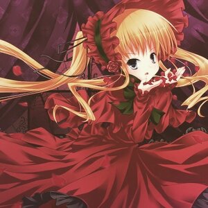 Rating: Safe Score: 0 Tags: 1girl blonde_hair blue_eyes bow dress flower frills image long_hair long_sleeves open_mouth petals red_dress rose shinku solo twintails User: admin