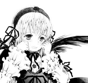 Rating: Safe Score: 0 Tags: 1girl blush crying dress frills greyscale hairband image long_hair long_sleeves looking_at_viewer monochrome ribbon simple_background solo suigintou tears upper_body white_background User: admin