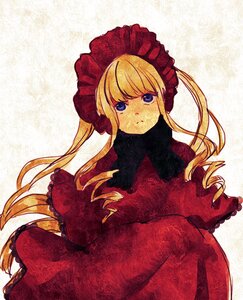 Rating: Safe Score: 0 Tags: 1girl blonde_hair blue_eyes bonnet closed_mouth dress drill_hair frills image long_hair long_sleeves looking_at_viewer red_dress shinku sidelocks sitting solo User: admin