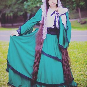 Rating: Safe Score: 0 Tags: 1girl black_hair blue_dress blurry dress green_dress head_out_of_frame long_hair long_sleeves outdoors photo solo standing suiseiseki tree User: admin