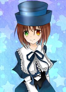 Rating: Safe Score: 0 Tags: 1girl blue_dress brown_hair dress frills hat heterochromia image long_sleeves looking_at_viewer red_eyes ribbon short_hair smile solo souseiseki star_(symbol) starry_background upper_body User: admin