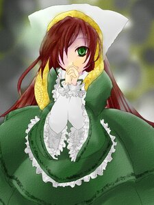 Rating: Safe Score: 0 Tags: 1girl brown_hair dress frills green_dress green_eyes hair_over_one_eye head_scarf image long_hair long_sleeves looking_at_viewer sitting solo suiseiseki traditional_media User: admin