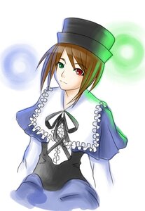 Rating: Safe Score: 0 Tags: 1girl blue_dress brown_hair dress frills green_eyes hat heterochromia image long_sleeves looking_at_viewer red_eyes ribbon simple_background smile solo souseiseki white_background User: admin