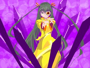 Rating: Safe Score: 0 Tags: 1girl costume_switch dress flower hair_ribbon image long_hair purple_background purple_eyes ribbon silk smile solo twintails very_long_hair yellow_dress User: admin