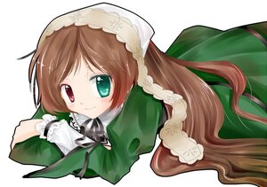 Rating: Safe Score: 0 Tags: 1girl brown_hair dress frills green_dress green_eyes heterochromia image long_hair long_sleeves looking_at_viewer red_eyes ribbon simple_background smile solo striped suiseiseki vertical_stripes very_long_hair white_background User: admin